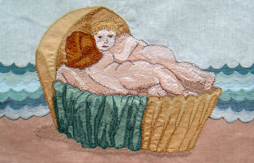 Hand dyed linen and silk appliqué with machine embroidery.